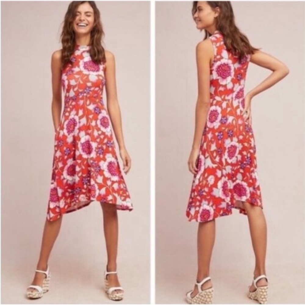 Anthropologie Maeve Cleary Red Floral Asymmetrical Midi Dress - Picture 3 of 12